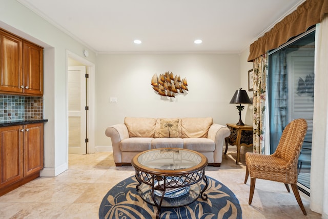 tiled living room with ornamental molding