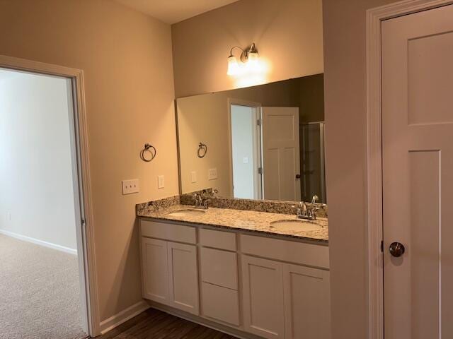 bathroom featuring vanity and a shower with shower door