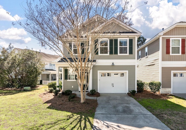 craftsman house with concrete driveway, a garage, and a front lawn