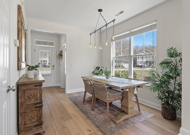 dining room featuring light wood-style floors, visible vents, and baseboards