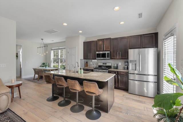 kitchen featuring light wood finished floors, visible vents, dark brown cabinetry, stainless steel appliances, and a sink