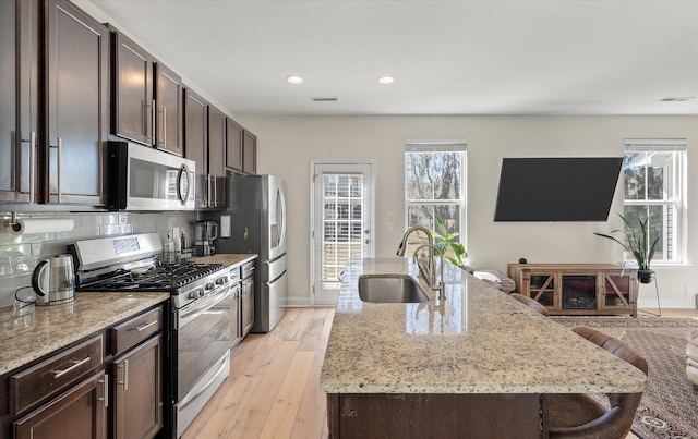 kitchen with plenty of natural light, a sink, stainless steel appliances, dark brown cabinets, and backsplash