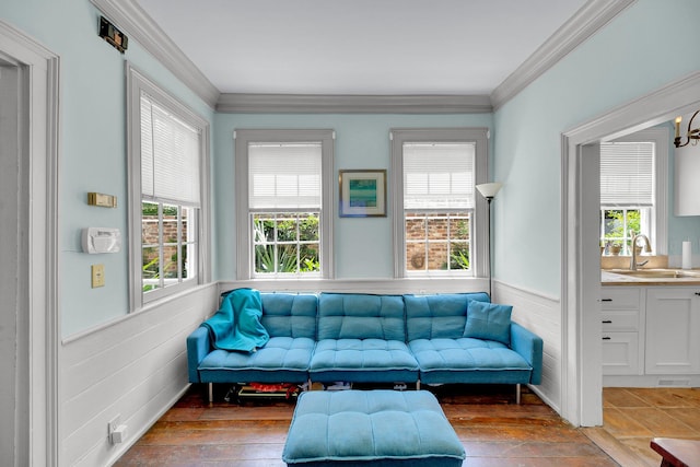 living room with wood-type flooring, sink, and ornamental molding