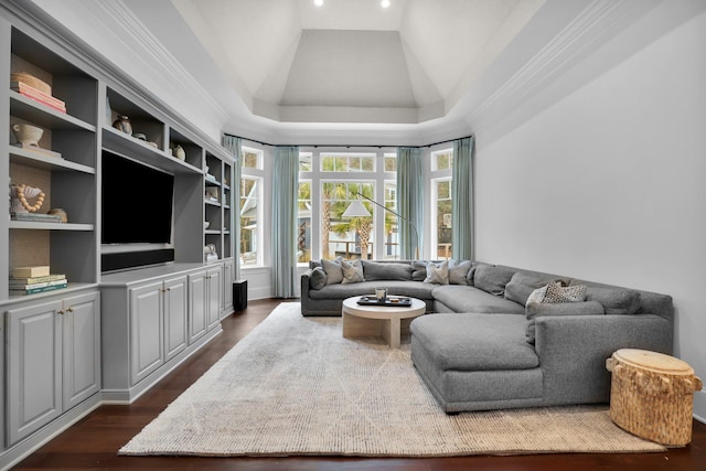 living room with dark hardwood / wood-style flooring and high vaulted ceiling