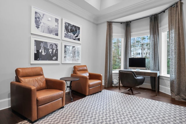 home office featuring crown molding and dark hardwood / wood-style floors