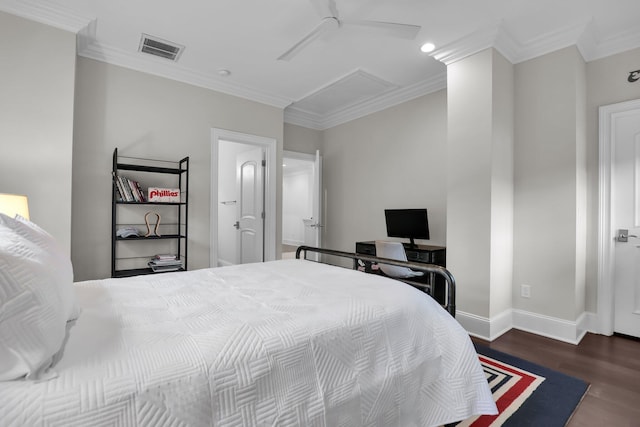 bedroom featuring ornamental molding, dark wood-type flooring, and ceiling fan