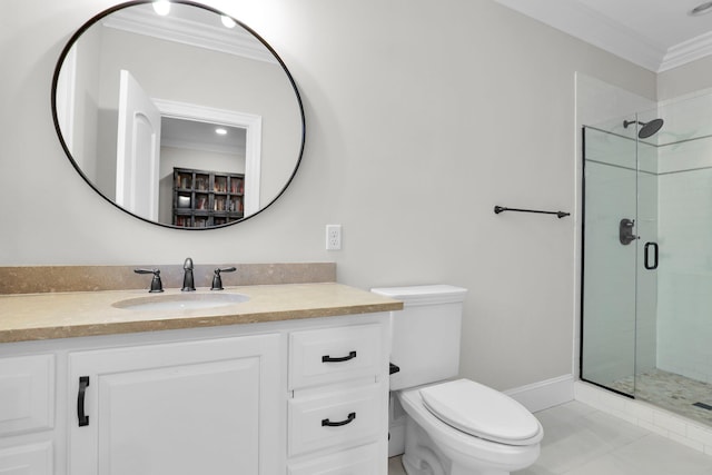 bathroom featuring vanity, an enclosed shower, ornamental molding, and toilet