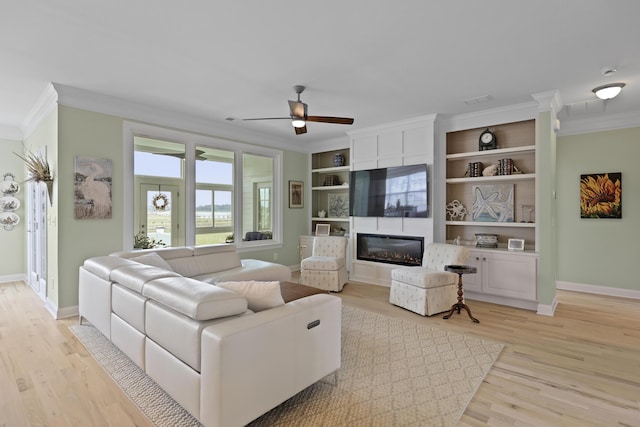 1216 Rivers Reach Dr, Charleston, SC 29492 - living room featuring ornamental molding, baseboards, light wood-style flooring, and ceiling fan