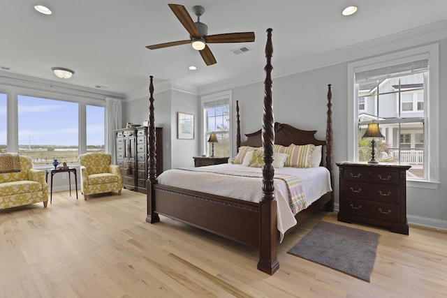 1216 Rivers Reach Dr, Charleston, SC 29492 - bedroom with ornamental molding, light wood-style floors, recessed lighting, a ceiling fan, and baseboards