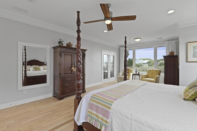 1216 Rivers Reach Dr, Charleston, SC 29492 - bedroom with baseboards, light wood-style floors, crown molding, recessed lighting, and ceiling fan
