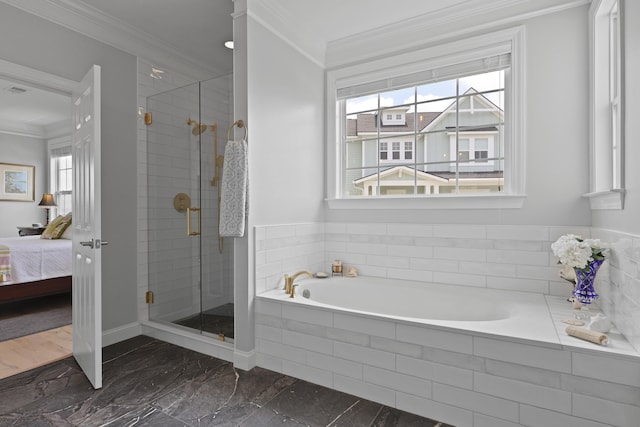 1216 Rivers Reach Dr, Charleston, SC 29492 - ensuite bathroom with marble tiled flooring, a bath, a shower stall, ornamental molding, and healthy amount of natural light