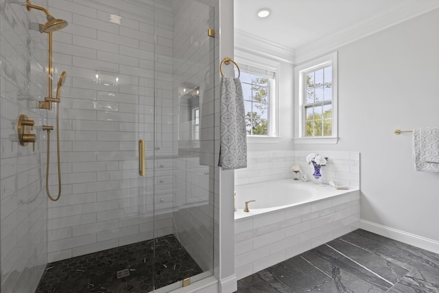 1216 Rivers Reach Dr, Charleston, SC 29492 - full bath with ornamental molding, a garden tub, a shower stall, marble finish floors, and baseboards