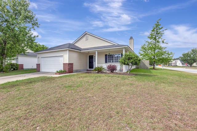 7838 Long Shadow Ln, North Charleston, SC 29406 - ranch-style house featuring covered porch, concrete driveway, a garage, a front yard, and a chimney