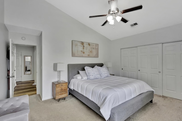 7838 Long Shadow Ln, North Charleston, SC 29406 - bedroom featuring light colored carpet, vaulted ceiling, a closet, ceiling fan, and baseboards