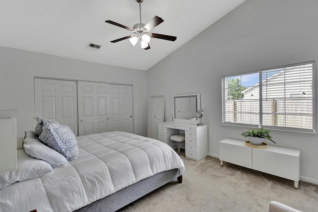 7838 Long Shadow Ln, North Charleston, SC 29406 - bedroom featuring light carpet, high vaulted ceiling, a closet, a ceiling fan, and baseboards