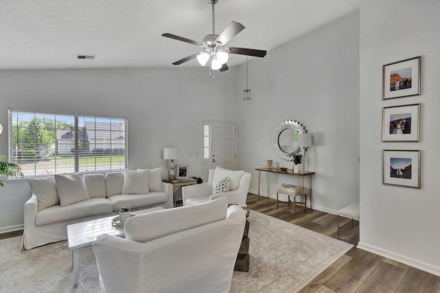 7838 Long Shadow Ln, North Charleston, SC 29406 - living room featuring ceiling fan, baseboards, high vaulted ceiling, and wood finished floors