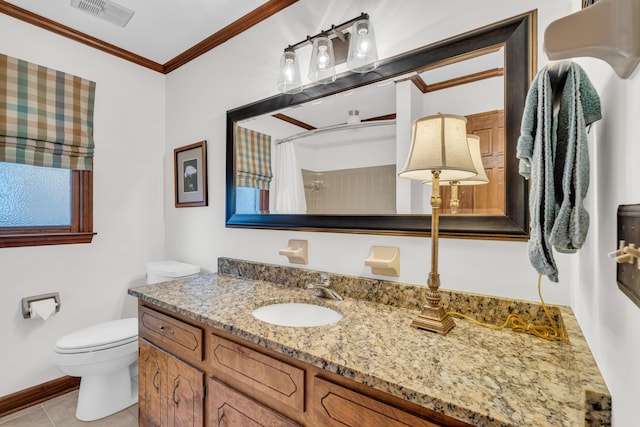 bathroom featuring visible vents, toilet, curtained shower, crown molding, and vanity