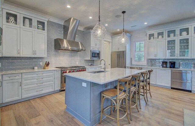 kitchen featuring premium appliances, sink, tasteful backsplash, light hardwood / wood-style flooring, and wall chimney exhaust hood