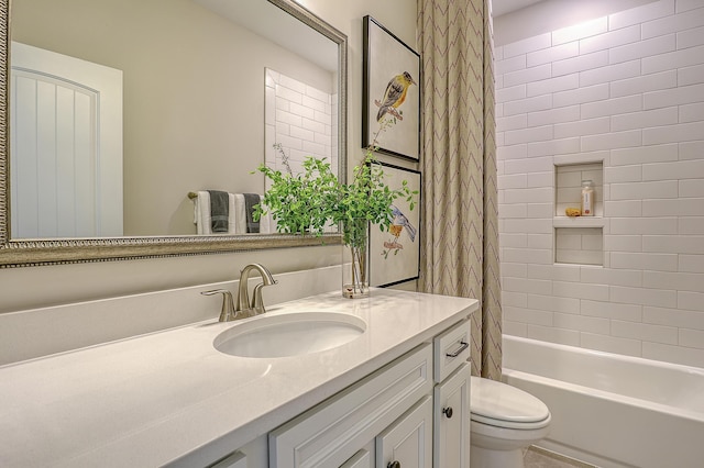full bathroom featuring toilet, vanity, and shower / bathtub combination with curtain