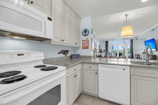 kitchen featuring white appliances, white cabinetry, sink, and ornamental molding