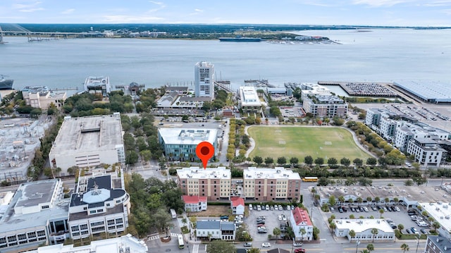 bird's eye view with a water view