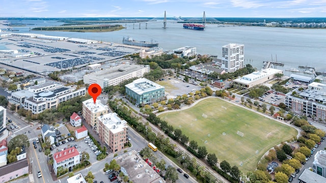 aerial view featuring a water view