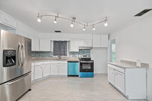 kitchen featuring crown molding, sink, decorative backsplash, appliances with stainless steel finishes, and white cabinetry