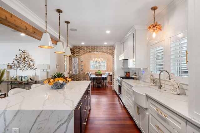 kitchen with white cabinetry, dark hardwood / wood-style flooring, and hanging light fixtures