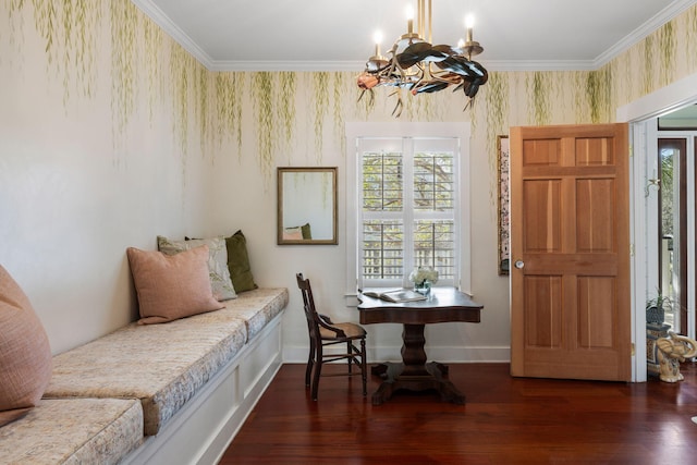 sitting room with a wealth of natural light, crown molding, and dark wood-type flooring