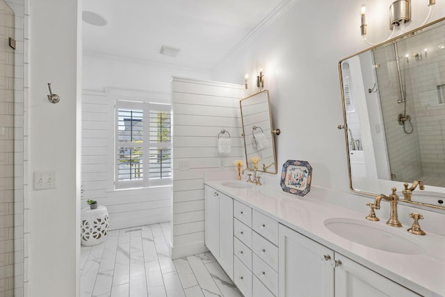 bathroom with separate shower and tub, crown molding, and vanity