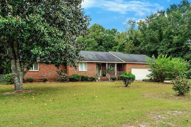 ranch-style house with a front yard, a porch, and a garage