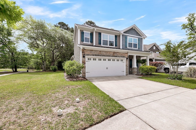 craftsman-style home with a garage, a front lawn, concrete driveway, and stone siding