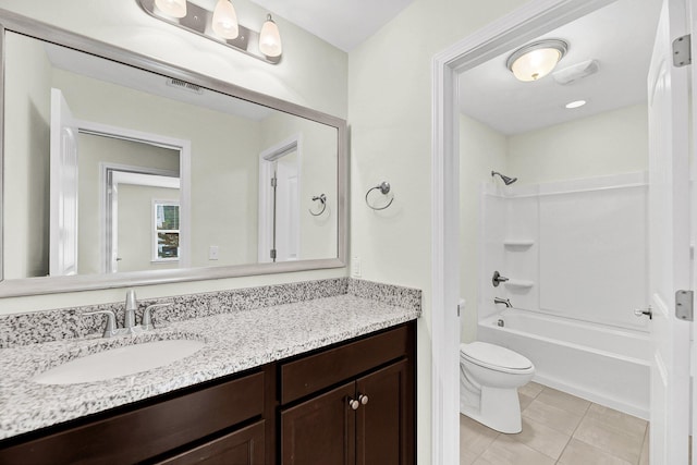 full bath featuring tile patterned floors, toilet, bathtub / shower combination, and vanity