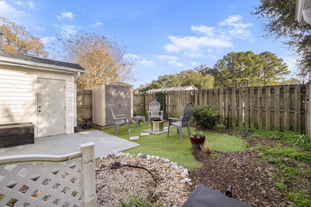 view of yard with a shed and a patio area