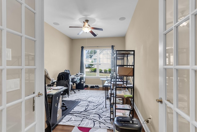 522 Tidewater Chase Ln, Summerville, SC 29486 - office area with baseboards, a ceiling fan, french doors, and wood finished floors