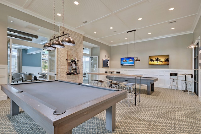 522 Tidewater Chase Ln, Summerville, SC 29486 - rec room with ornamental molding, wainscoting, a decorative wall, pool table, and carpet