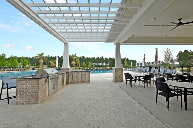 522 Tidewater Chase Ln, Summerville, SC 29486 - view of patio / terrace with area for grilling, grilling area, a ceiling fan, a community pool, and a pergola
