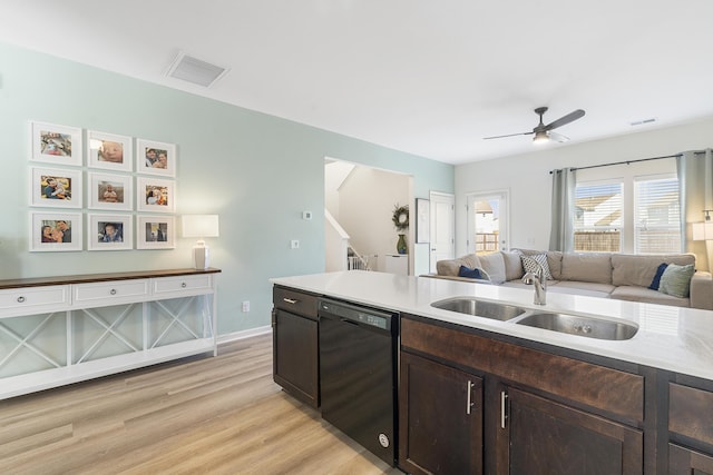 kitchen with a sink, visible vents, open floor plan, dark brown cabinets, and dishwasher