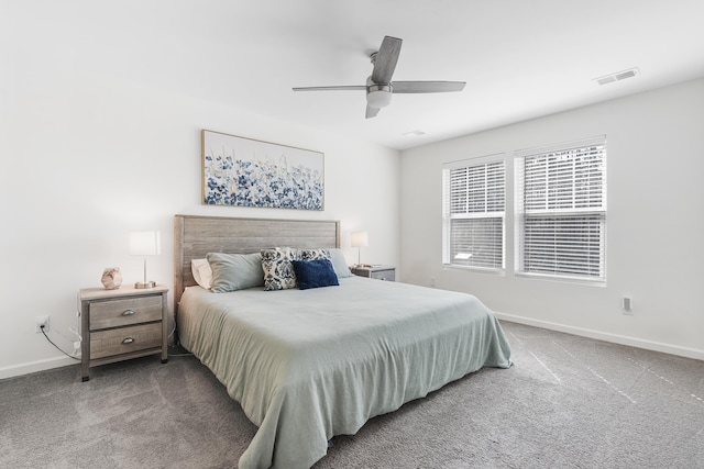 bedroom featuring a ceiling fan, baseboards, visible vents, and carpet flooring