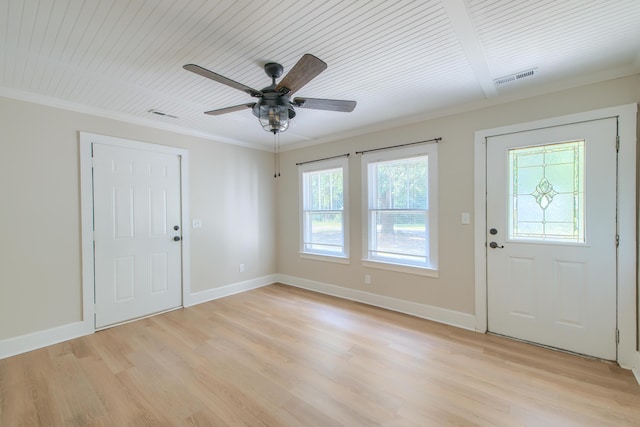 208 State St, Walterboro, SC 29488 - entrance foyer featuring light wood-style floors, ceiling fan, ornamental molding, and baseboards