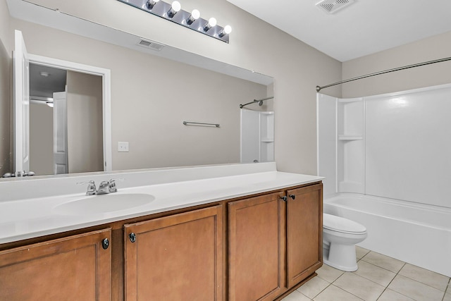 full bath featuring tile patterned flooring, visible vents, vanity, and shower / tub combination