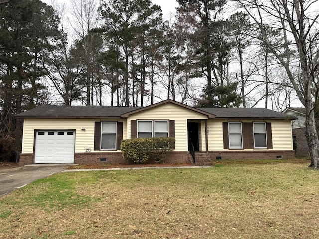 ranch-style home with a shingled roof, crawl space, a garage, driveway, and a front lawn