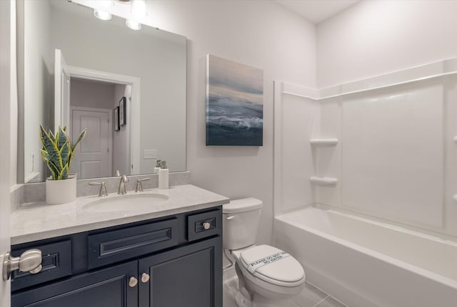 full bathroom with vanity, shower / washtub combination, toilet, and tile patterned flooring