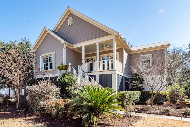 view of front of property with covered porch and ceiling fan