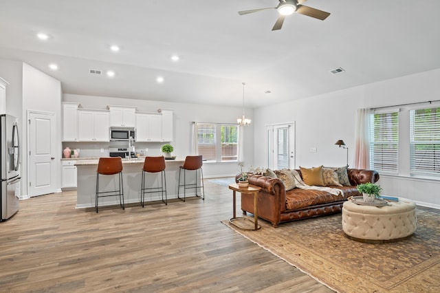 209 Country Gate Ln, Summerville, SC 29485 - living area featuring a chandelier, light wood-style floors, a ceiling fan, baseboards, and recessed lighting