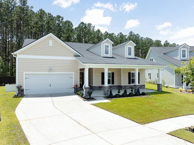 209 Country Gate Ln, Summerville, SC 29485 - view of front of house with covered porch, stone siding, driveway, a garage, and a front yard