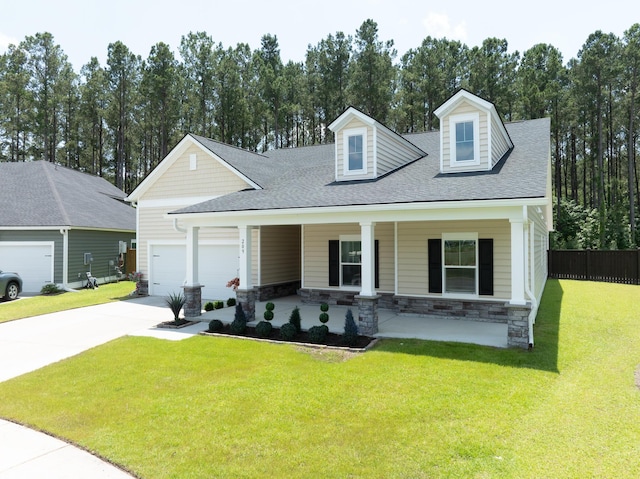 209 Country Gate Ln, Summerville, SC 29485 - view of front of house featuring concrete driveway, a garage, covered porch, roof with shingles, and stone siding