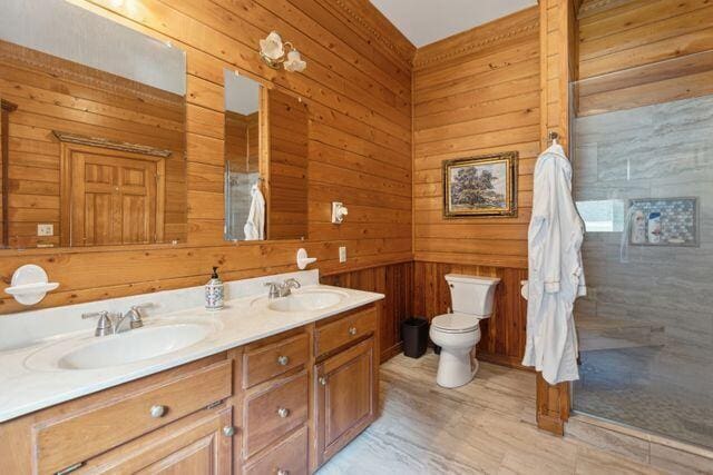 bathroom featuring vanity, toilet, and wooden walls