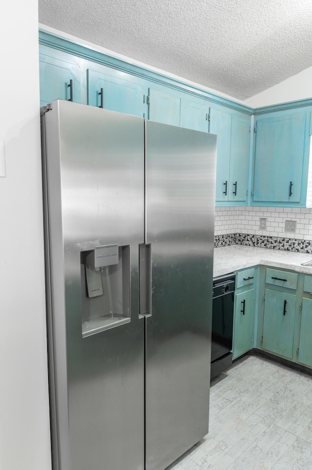 kitchen featuring backsplash, stainless steel fridge with ice dispenser, a textured ceiling, and black dishwasher