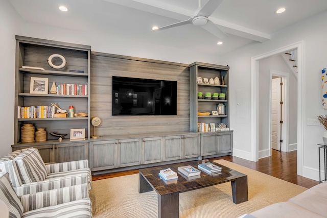 living room with recessed lighting, baseboards, a ceiling fan, and wood finished floors